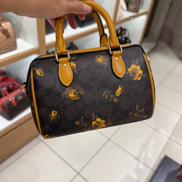 Coach Mini Rowan Crossbody Bag Signature Canvas Floral CCF31 Walnut/Yellow - Picture 3 of 15